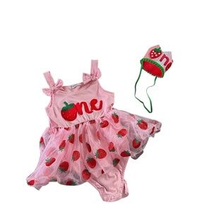 “One” Pink Strawberry Baby Dress with crown